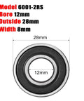 6001-2RS ball bearing with 12 mm bore, 28 mm outer diameter, 8 mm width; double-sealed