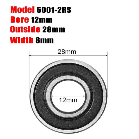 6001-2RS ball bearing with 12 mm bore, 28 mm outer diameter, 8 mm width; double-sealed