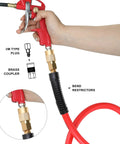 Hybrid Air Hose 3/8 Inch by 100 Feet For Air Compressors with brass coupler and plug, shows kink-resistant red hose and connectors.