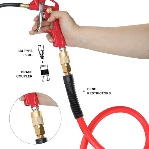 Hand holding Hybrid Air Hose For Air Compressors Three Eighths Inch By Fifty Feet Built To Last Heavy Duty showing brass coupler and plug.