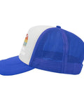 Side view of Vintage Womens Golf Trucker Hat In Royal Blue With Washed Distressed Low Profile Look Anti Sweat Band For Dry Comfort