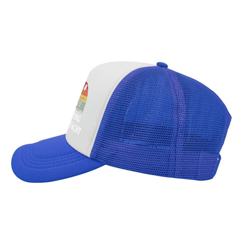 Side view of Vintage Womens Golf Trucker Hat In Royal Blue With Washed Distressed Low Profile Look Anti Sweat Band For Dry Comfort