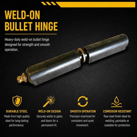 Heavy Duty Weld On Bullet Hinge In Tough As Nails Steel Build With Quick Grease Zerk Fittings For Serious Gate Hardware That Crushes Weight Load And Stays Rock Solid At Six Inches, showcasing the hinge's robust design and zerk fitting.