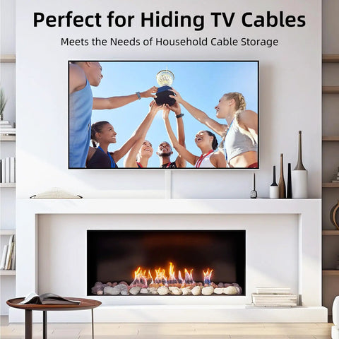 Living room with wall-mounted TV using 34 Inch Cord Hider For Walls And TVs Paintable Cable Cover For Wires
