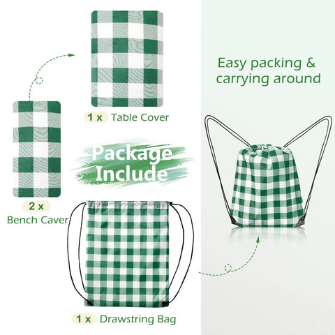 Picnic Table Cover With Bench Covers And Carry Bag Set For Outdoor Tables Waterproof Heavy Duty Vinyl With Elastic Edges And Flannel Backing 72 By 30 Inches 3 Pack Green Camping Essentials, includes table cover, two bench covers, and carry bag.