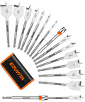 Heavy Duty 14 Piece Spade Drill Bit Set With Quick Change Extension Sae Paddle Bits displayed with various sizes for clean wood holes.
