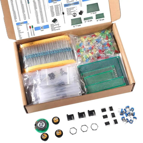 Electronic Component Kit Bundle With Capacitors Resistors LEDs Transistors Diodes 1N270 Germanium DC Jacks Op Amp And PCB open box view