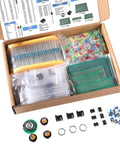 Open box of Electronic Components Starter Kit Bundle With Capacitors Resistors LEDs Transistors Diodes 1N270 Germanium Diodes DC Jacks Op Amp PCB For DIY Projects And Accessories