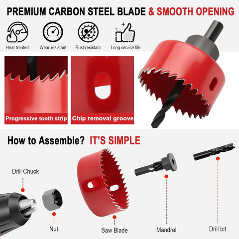 Nine Piece Hole Saw Set With Mandrel, Drill Rod, Hex Wrench, Spare Drill Bit, And Case For Soft Wood PVC Plywood In Sizes One And A Quarter To Three Inches 32 To 76 Millimeters Pro Grade Carbon Steel Tough As Nails showing assembly diagram and carbon steel blade features.