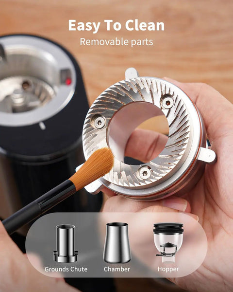 Premium 64Mm Flat Burr Coffee Grinder Featuring 100 Exact Grind Settings And Anti Static Technology For Smooth Daily Brews And Top Shelf Espresso Results In Matte Black, showing removable burr for easy cleaning.