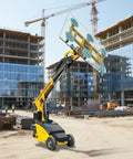 Heavy Duty Mobile Glass Vacuum Lifter Straight Up Simplifies Construction Site Transport and Delivers No Sweat Window Installation with large glass pane in a construction zone.