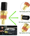 Engine coolant temperature sensor with brass threaded body and black plastic connector; OEM 5149077AB.