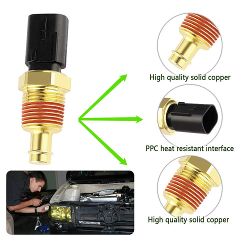 Engine coolant temperature sensor with brass threaded body and black plastic connector; OEM 5149077AB.