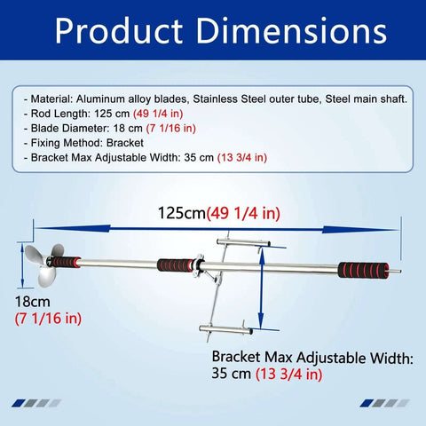 Lightweight Electric Inflatable Boat Motor Adapter with 125cm all metal shaft dimensions diagram for easy setup.