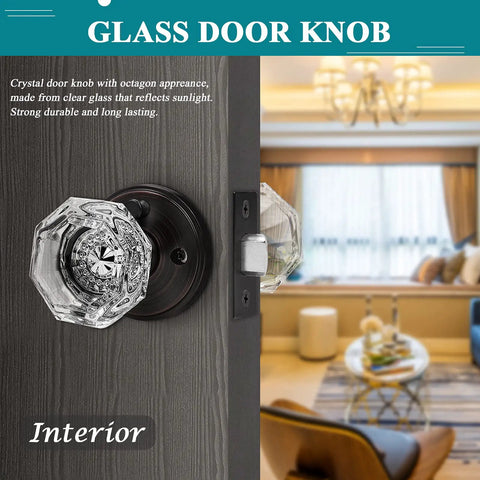 Octagon Crystal Door Knob Set For Privacy In Oil Rubbed Bronze Finish in a modern interior setting