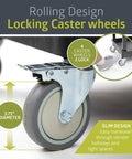 Close-up of locking caster wheel on Three Shelf Mobile Utility Cart With Two Bins And Locking Wheels, Heavy Duty Plastic Rolling Cart