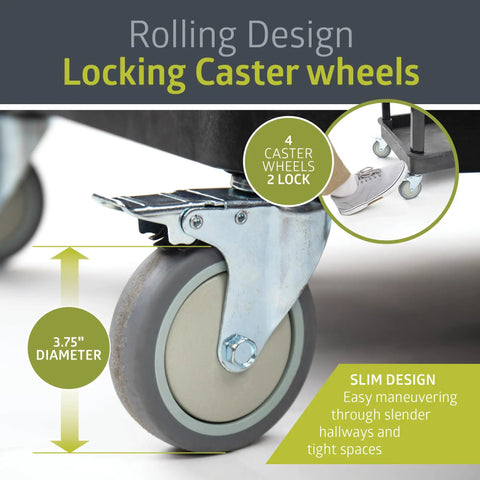 Close-up of locking caster wheel on Three Shelf Mobile Utility Cart With Two Bins And Locking Wheels, Heavy Duty Plastic Rolling Cart