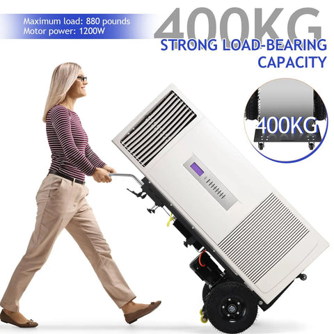 Powerful 1200W Stair Climbing Dolly With Motorized Track System Heavy Duty Folding Stair Climber Cart Handles Up To 881 Lbs For Moving Furniture And Appliances At Home Or On The Job No Sweat, woman moving upright appliance