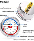 Diagram of Stainless Steel Thermal Pressure Gauge 0 To 160 PSI And 30 To 250 Fahrenheit, featuring silicone oil plug, scale, pointer, and brass thread joints.