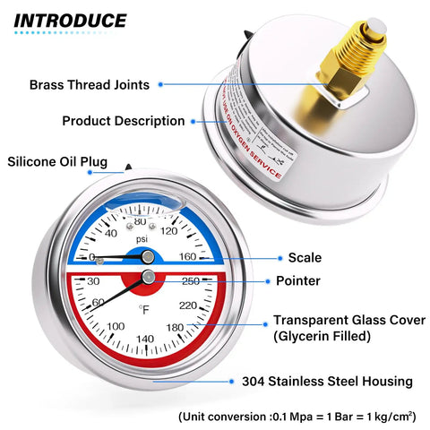 Diagram of Stainless Steel Thermal Pressure Gauge 0 To 160 PSI And 30 To 250 Fahrenheit, featuring silicone oil plug, scale, pointer, and brass thread joints.