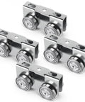 Upgraded Four Wheel Trolley Assembly For Light Duty Use With All Strut Channel One And Five Eighths Inches Or Taller Pack Of Four High Precision Welded Bearing And Pin Shaft For Stable Load And Smooth Operation, shown in a pack of four with steel wheels and bearings.