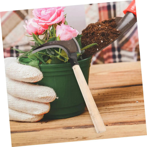 Gardener using Multipurpose Manganese Weeding Scythe With Comfortable Handle Durable Garden Tool For Effortless Weeding And Tree Cutting In Your Garden Perfect For Clearing Weeds Mulch And Tight Spots In The Yard No Sweat to tend potted plant