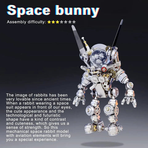 3D Space Rabbit Metal Puzzle Kit For Adults With Lights, Astronaut Mechanical Model DIY Ornament, full view with assembly rating
