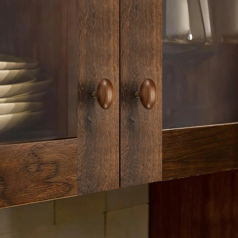 Kick Up Your Home Decor Game With Four Slick Bronze And Walnut Wood Cabinet Knobs Featuring Tight Vintage Style Brass Drawer Pulls For Kitchen And Dresser Cabinets on a cabinet.