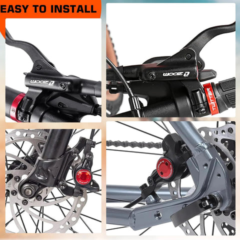 Hydraulic disc brake lever on MTB handlebar (left-front) with 800mm hose and red dial.
Side view of hydraulic brake lever on MTB handlebar with caliper and 1450mm hose.
Close-up of red anodized brake caliper gripping a silver disc rotor on front fork.
Installed hydraulic disc brake set on bike frame with rear caliper and rotor mounted.