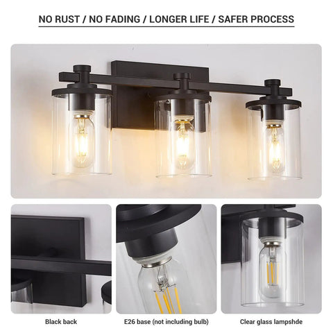 Three Light Black Vanity Light With Clear Glass Shade For Bathroom Living Room Hallway And Bedroom Slick Waterproof Metal Sconce With Modern Vintage Style Fixture, showing black base and clear lampshade detail.