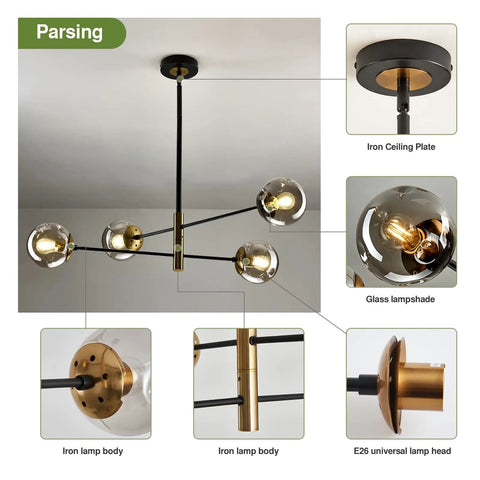Vintage Farmhouse 4 Light Metal Chandelier With Dope Black Glass Globes Overhead Ceiling Light Fixture For Foyer Breakfast Room Kitchen Bedroom And Restaurant Adjustable Length E26 Bulbs Not Included, showcasing iron lamp body and glass lampshades.
