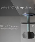 Boss Move Heavy Duty Clamp On Desk Extender with Foldable Keyboard Tray showing required C clamp clearance for secure mounting.