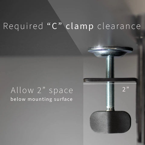 Boss Move Heavy Duty Clamp On Desk Extender with Foldable Keyboard Tray showing required C clamp clearance for secure mounting.