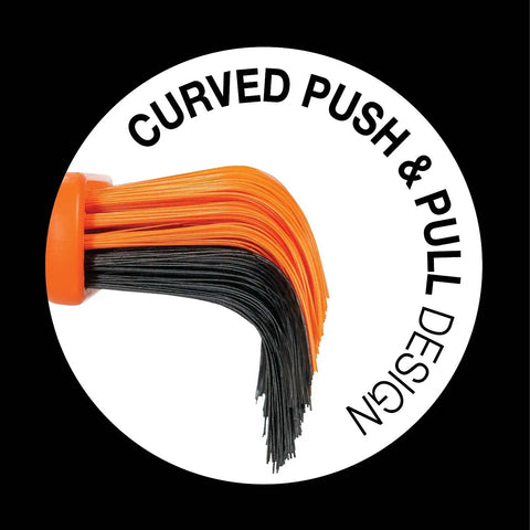 Heavy Duty All In One Broom And Rake With Adjustable Telescopic Handle and stiff plastic coated metal bristles for push and pull heavy lifting cleanups indoors or outdoors, showing curved bristles.