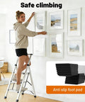 Ultra Lightweight Aluminum 3 Step Ladder Folding Stool With Safety Handrail Heavy Duty 600 Pound Capacity Anti Slip Pedals Slim Fold Design For Home Use And Everyday DIY Projects, woman on 3-step ladder hanging wall art