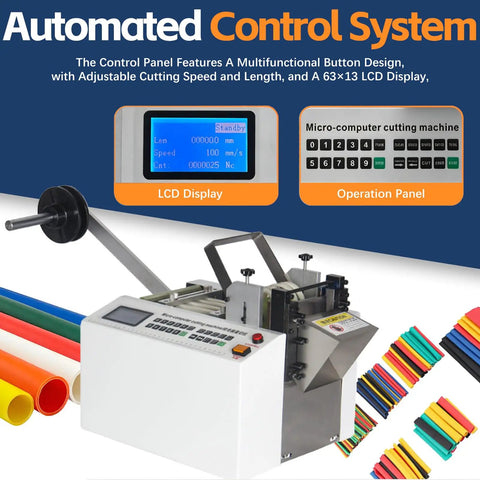 Fully Automatic Heat Shrink Tube Cutter With Digital Lcd Screen, hot wire trimmer displaying control panels and color tubes.