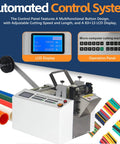 Automatic Heat Shrink Tube Cutter With High Speed Steel Blades For Thermoplastic Silicone Tubes And Cables, showing LCD and operation panel.