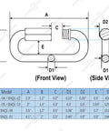 Technical diagram of 2.3 Inch Stainless Steel Chain Quick Links Set Of 5 With 1/4 Inch Locking Carabiners specifications.