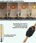 Plug In Pendant Light With Hand Woven Rattan Shade And Nifty Dimmer Switch Chill Boho Ceiling Lamp For Bedroom Or Living Room Includes Bulb Plus 15 Foot Hemp Rope Cord Vintage Paper Weave with varying brightness levels.