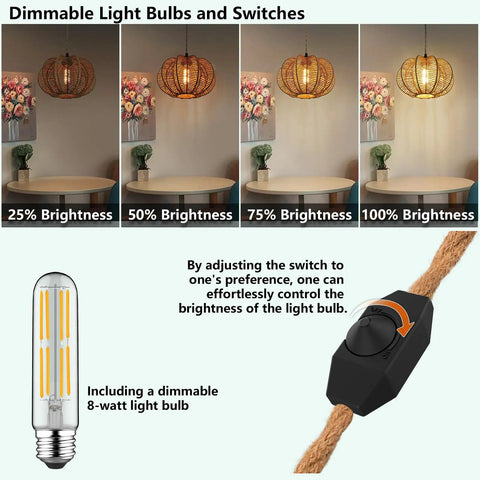 Plug In Pendant Light With Hand Woven Rattan Shade And Nifty Dimmer Switch Chill Boho Ceiling Lamp For Bedroom Or Living Room Includes Bulb Plus 15 Foot Hemp Rope Cord Vintage Paper Weave with varying brightness levels.