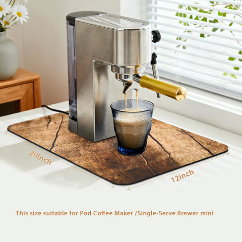 Wood Grain Coffee Counter Mat 20x12 Inch under coffee maker, rubber-backed, in kitchen setting, spill-proof stain resistant