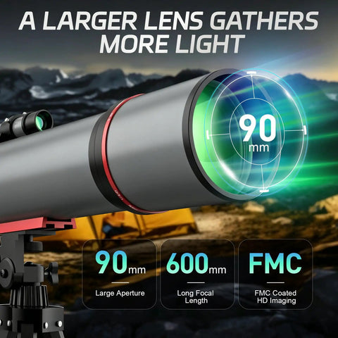 90mm Refractor Telescope For Adults And Kids Beginners With 600mm Focal Length And Fully Coated Green Optics Glass Delivers Bright Clear Views For Easy Stargazing At Home, 90mm aperture