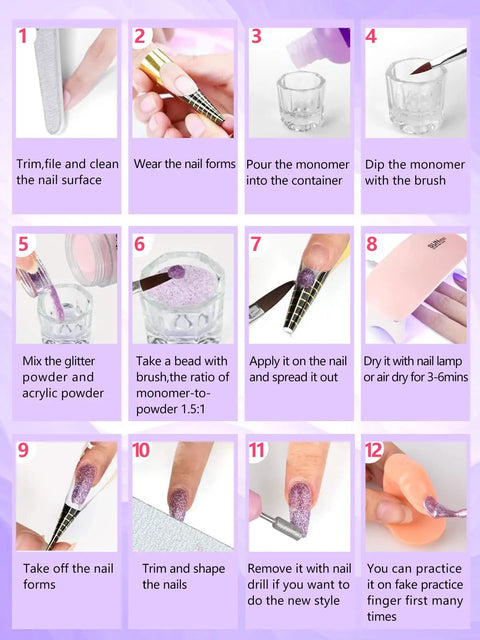 All In One Acrylic Nail Kit For Beginners With 42 Colors Glitter Powder And Monomer Liquid Pro Grade UV LED Lamp Electric Nail Drill steps