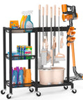 3 In 1 Cleaning Organizer Cart With Wheels And Vacuum Stand, 3 Tier Shelves, 6 Mop Hanger Grippers, 3 Double Hooks, Tools Stored