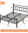 Top Tier Full Bed Frame With Sleek Headboard And Zero Groan Steel Base dimensions labeled on a matte black full bed frame.