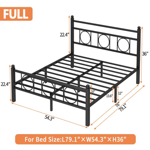 Top Tier Full Bed Frame With Sleek Headboard And Zero Groan Steel Base dimensions labeled on a matte black full bed frame.