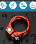 Red aluminum alloy bike seat post clamp with quick release design, showcasing anodizing and easy installation.