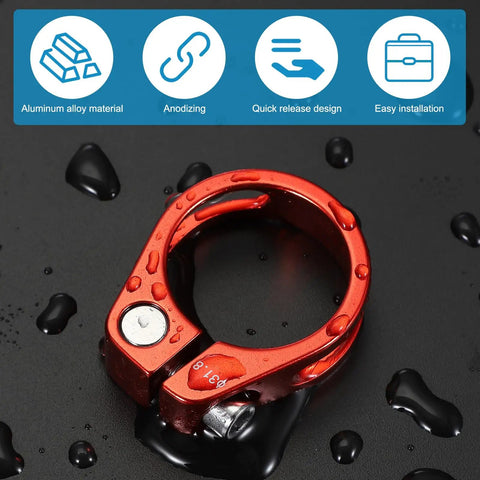 Red aluminum alloy bike seat post clamp with quick release design, showcasing anodizing and easy installation.