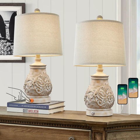 21 Inch 3 Way Dimmable Touch Table Lamp with Two USB Ports, rustic base, and linen shade in a cozy rustic farmhouse setting.