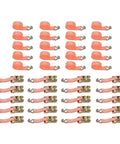 20 Pack Heavy Duty Cargo Tie Down Straps 1.5 Inches By 20 Feet Galvanized Steel Ratchet Belts arranged neatly.